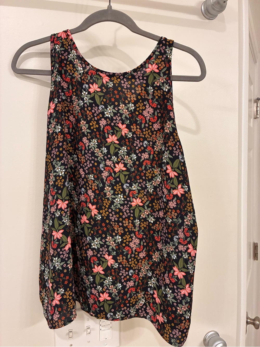 LOFT Black Floral Sleeveless Tank with Pink & Green Accents